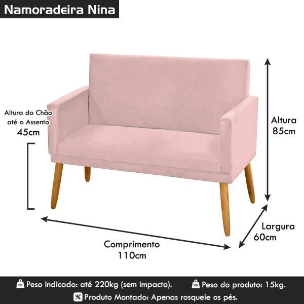 Poltrona Romântica Namoradeira Estofada Pés Retrô Veludo Rosa Rosê - 6