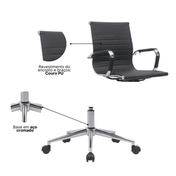 Kit 8 Cadeiras de Escritório Diretor Eames em Couro - Preta - 7