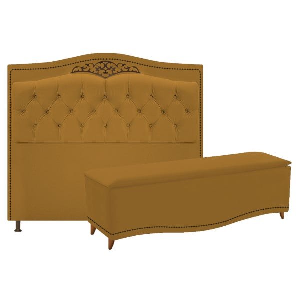 Kit Cabeceira e Calçadeira Yasmim 160 cm Queen Size Suede Mostarda - ADJ Decor - 1