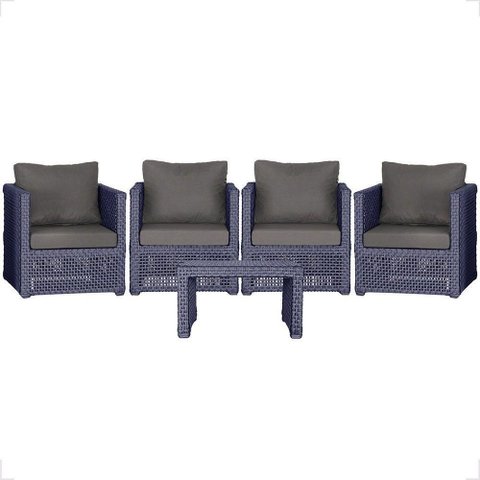 Mesa e 4 Poltronas Madri Corda Náutica Estofado 11 Trama Azul