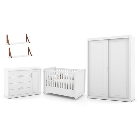 Dormitório Tutto New 2 Portas, Cômoda 1 Porta, Berço Branco Soft e Prateleiras - Matic Móveis