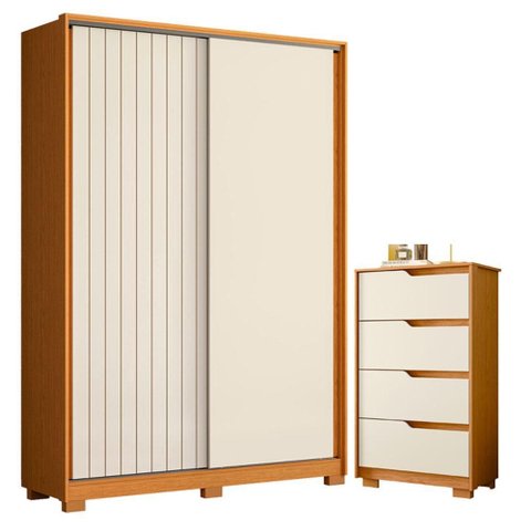 Guarda Roupa Solteiro Frizatto 02 Portas de Correr e Cômoda Sole Flex Cinamomo Off White - Móveis