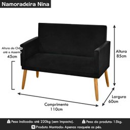 Sofá Namoradeira 2 Lugares Pés Retrô Corino Preto - 6