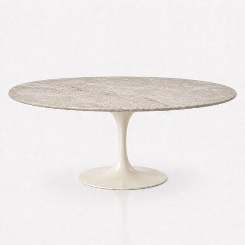 Mesa de Jantar Saarinen Oval 120x80 cm Tampo Quartzito Taj Mahal e Base Laca Off White