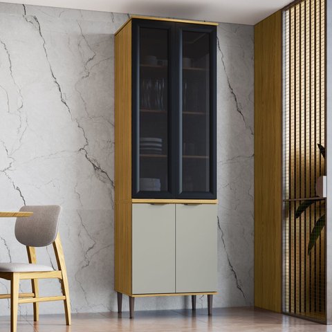 Paneleiro Duplo com Portas de Vidro Moldurada Copenhague Bege/Ipê/Sabbia