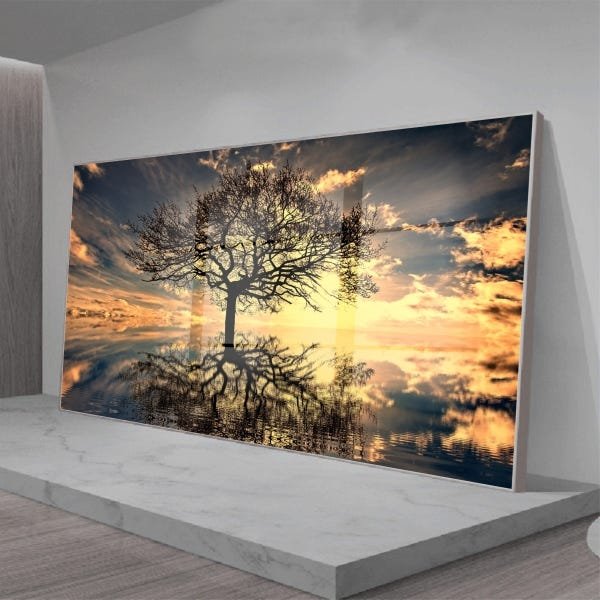 Quadro Decorativo Paisagem Grande Árvore da Vida com Moldura Prata e Vidro  - 100x70