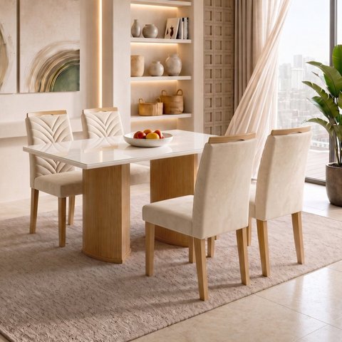 Conjunto Sala de Jantar 4 Lugares Retangular Tampo Vidro MDF 120x80cm Mesa Isla e Cadeiras Carol