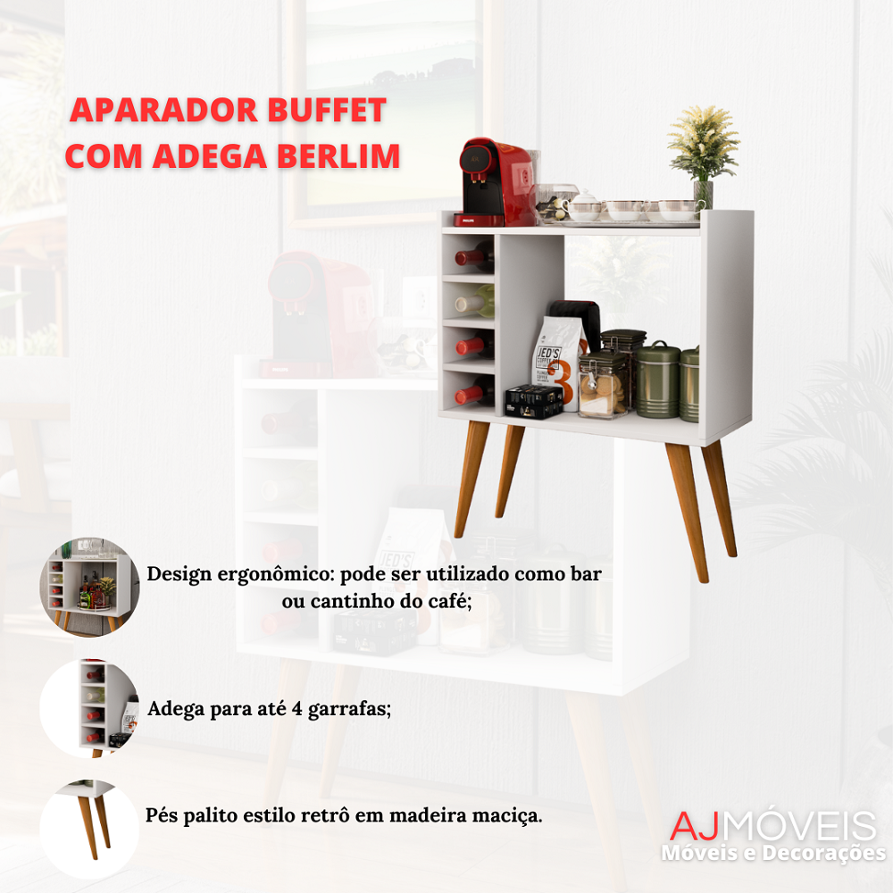 Aparador Buffet com Adega Bar Cantinho do Café Pés Palito Retrô Berlim - Branco - 6