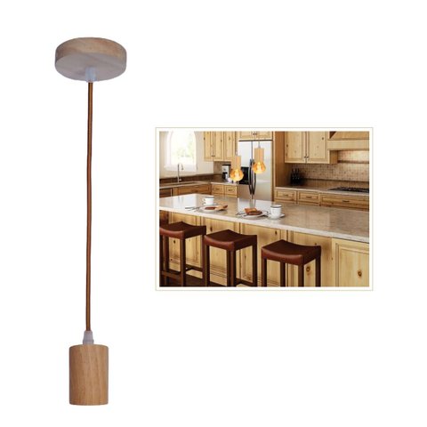 2 Pendentes Rústicos 1m em Madeira Cilindro Fio em Tecido Ajustável E27 Bivolt para Teto