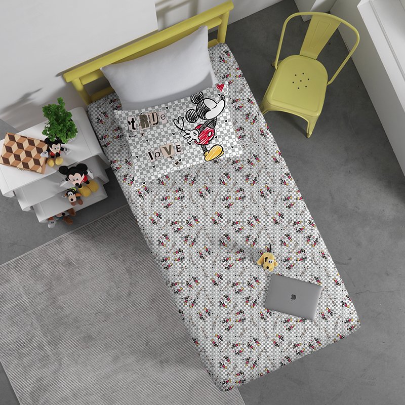 Jogo de Cama Portallar Solteiro Malha Mista Mickey True Love Disney 2 Pçs Cinza