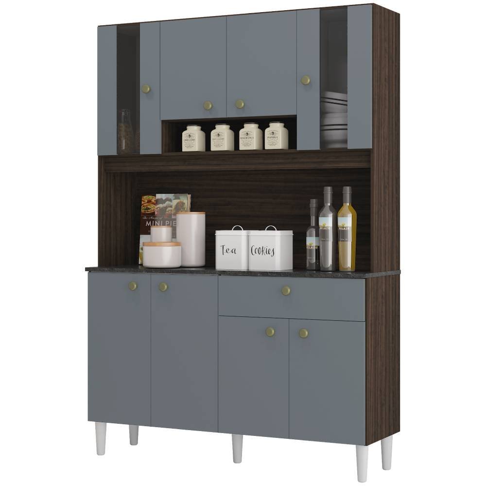 Kit Cozinha Veneza 8 Portas 120cm Chocolate Cinza Bnn Decor