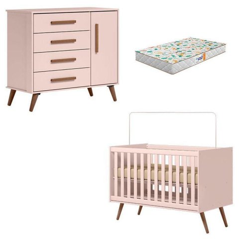 Berço Americano 3820 e Cômoda Infantil 3825 Q Encanto Retrô Rosa com Colchão Gazin - Qmovi