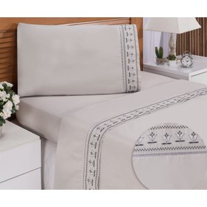 Jogo de Lençol Solteiro Percal Bordado Tulipa Cinza 3 Peças