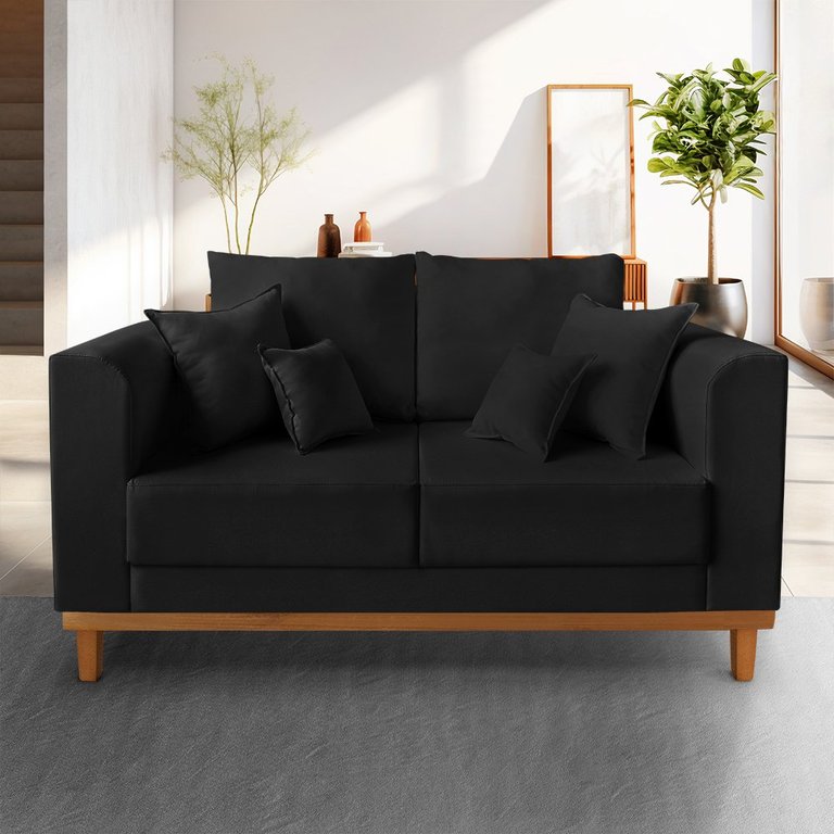 Sofá Rustico Viena 02 Lugares para Recepção Suede Preto - Madeira Prima Deccor