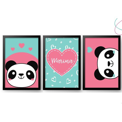 Kit 3 Quadros Decorativos Quarto Menina Panda Rosa:preta