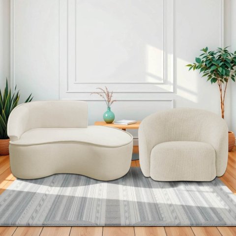 Kit Divã Recamier Orgânico Marrocos 150cm Lado Direito e 1 Poltronas Amore Bouclé Bege