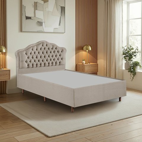 Kit Cama Box Casal + Cabeceira Estofada em Madeira Maciça Curva Provençal com Capitonê Bege/Linho