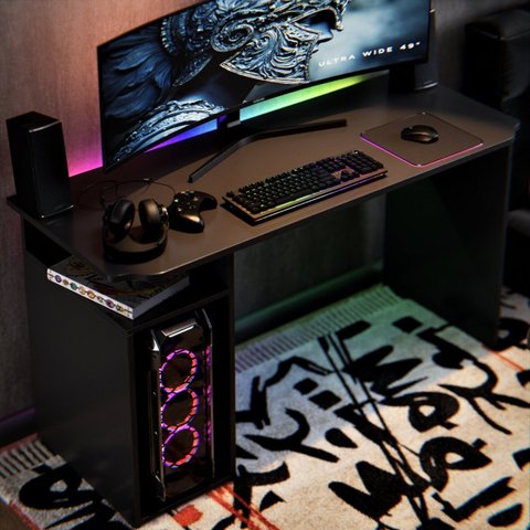 Mesa Escrivaninha Gamer Athenas Preto 115cm com Nichos e Espaço para Cpu