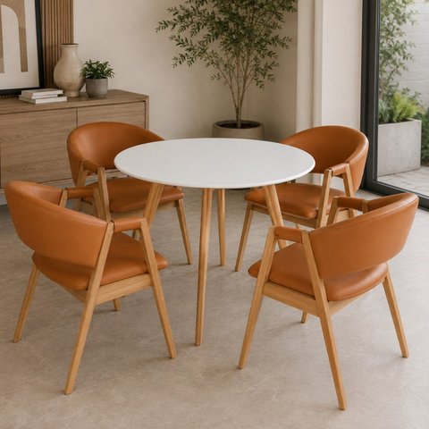 Conjunto Mesa de Jantar 90cm Redonda com 4 Poltronas Estofadas para Apartamento e Cozinha