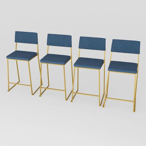 Kit 4 Banquetas Alta Balcão Estofada com Encosto Dourada Linho Dubai