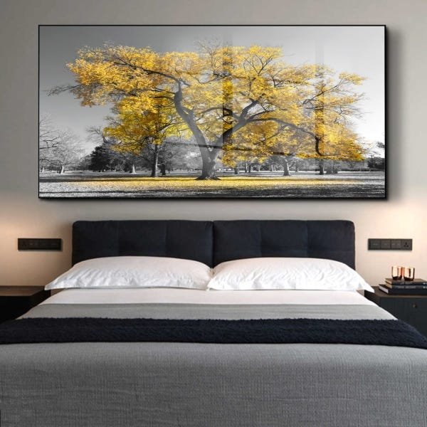 Quadro Decorativo Paisagem Árvore Amarela com Moldura Preta e Vidro -  120x80