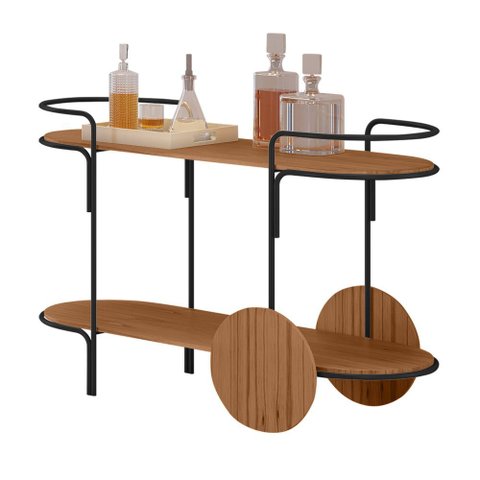 Carrinho Bar Órbita em Madeira Maciça Imbuia Mel Estrutura em Metal Preto