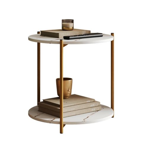 Mesa Lateral Redonda G7001 com Pés de Metal Marmore Branco/dourado