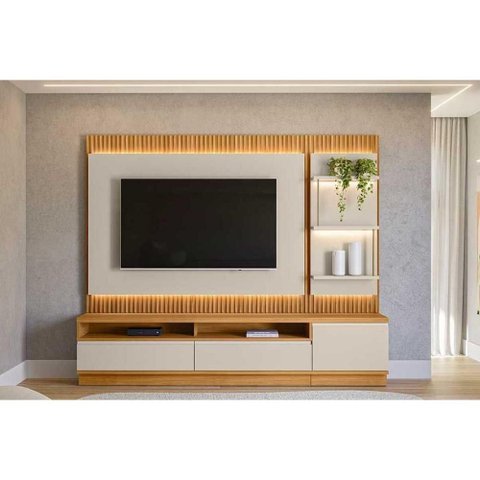 Estante P/ Sala até 70 Pol São Paulo Ripado C/ 1 Pta 2gav 3 Prateleiras e Leds 238x198cm Tauari/