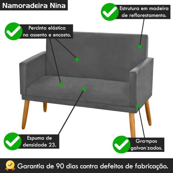 Poltrona Clássica 2 Lugares Pés Retrô Nina Suede Cinza Grafite - 5