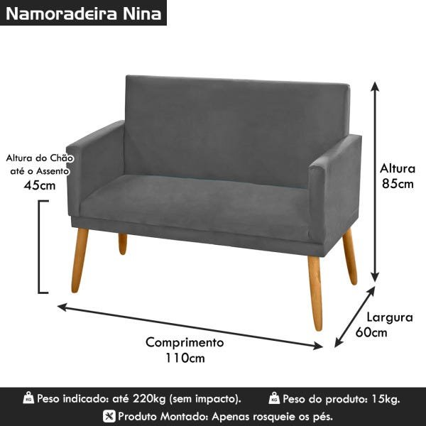 Poltrona Clássica 2 Lugares Pés Retrô Nina Suede Cinza Grafite - 6