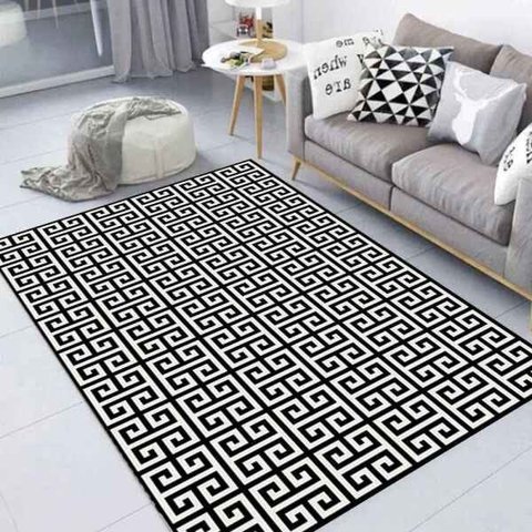 Tapete Labirinto Sala e Quarto Geométrico 1,4 x 1,0M Antiderrapante Preto e Branco Casa Dona