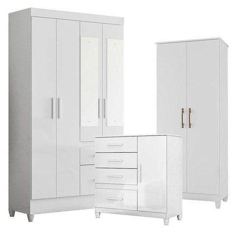 Guarda Roupa com Espelho Infantil Madri com Cômoda Vênus com Pés e Multiuso Jade Branco Brilho