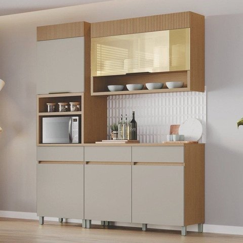 Cozinha Completa Modulada 3 Peças 5 Portas 3 Gavetas 100% MDF Vidro Reflecta Realeza Premium
