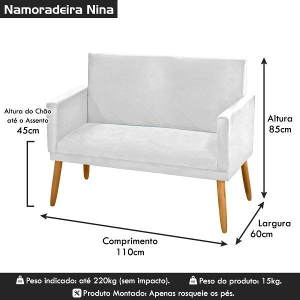 Poltrona Decorativa Namoradeira Nina 2 Lugares Tecido Sintético Branco - 3