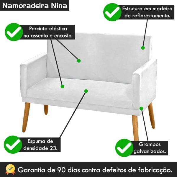 Poltrona Decorativa Namoradeira Nina 2 Lugares Tecido Sintético Branco - 6