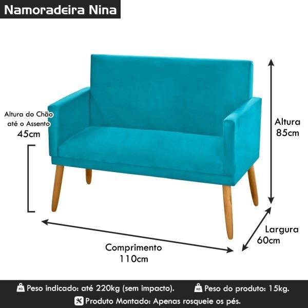 Namoradeira Nina Pés Palito Suede Azul Turquesa - 6