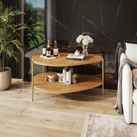 Mesa de Centro Orgânica 2 Níveis em MDF com Pés de Metal para Sala de Estar Moderna