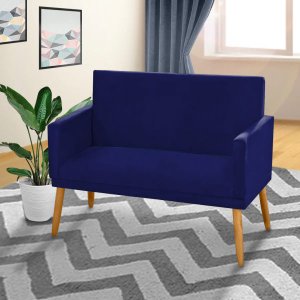 Poltrona Clássica 2 Lugares Pés Retrô Nina Suede Azul Marinho