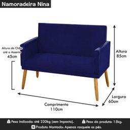 Poltrona Clássica 2 Lugares Pés Retrô Nina Suede Azul Marinho - 6