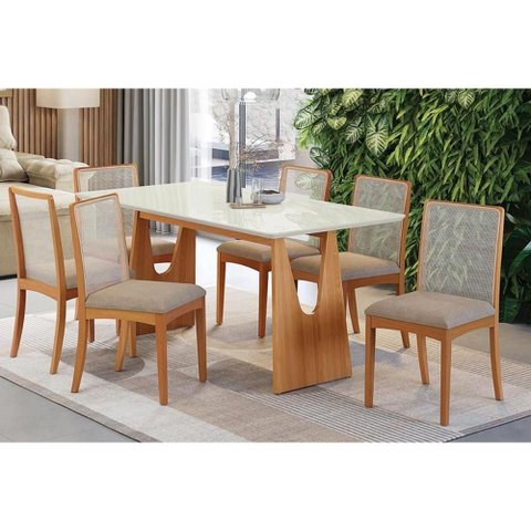 Sala Jantar Mesa Mila Premium Madeira Maciça C/ Tampo Madeirado C/ Vidro 180x90cm e 6 Cadeiras Lara