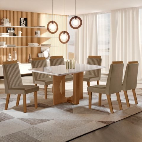 Conjunto Mesa de Jantar com Vidro e 6 Cadeiras 160cm Multimóveis Crljm-CON026 Madeirado/Bege