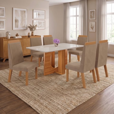 Conjunto Mesa de Jantar com Vidro e 6 Cadeiras 160cm Multimóveis Crljm-CON026 Madeirado/Bege