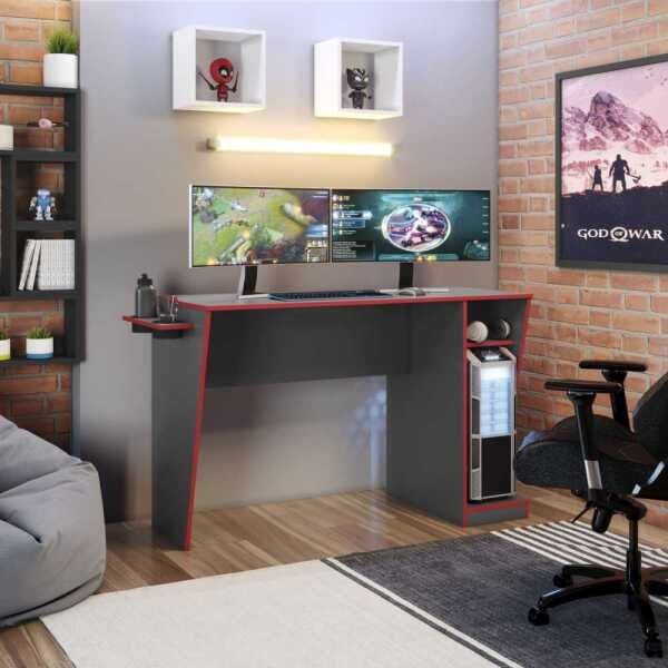 Mesa Gamer Cyber JCM Móveis Cestaplus Grafite Vermelho - 1