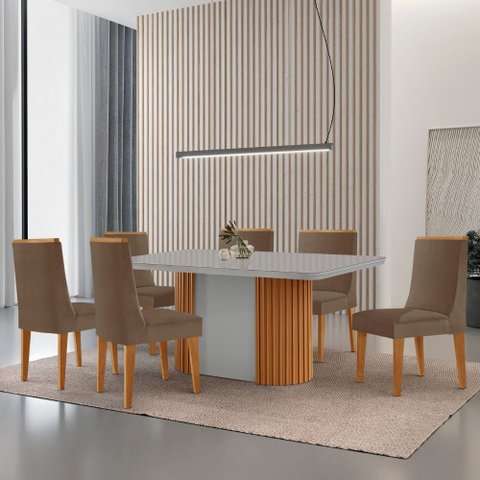 Mesa de Jantar Aspen 180cm Tampo Mdf Vidro com 6 Cadeiras Lisboa Moderna Mobília
