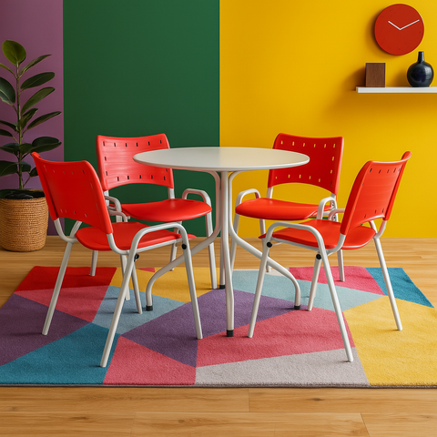 Jogo Mesa Redonda para Restaurante Comércio com 4 Cadeiras Iso Vermelha Base Branca Ecomhome