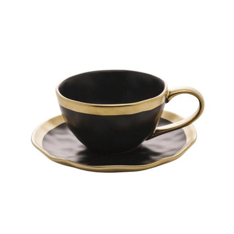 Xícara para Chá com Pires em Porcelana Dubai 200ml Wolff Preto e Dourado