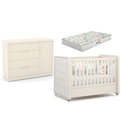 Berço Americano com Capitonê New Boucle e Cômoda Infantil Tutto New Off White e Colchão Gazin - Mati
