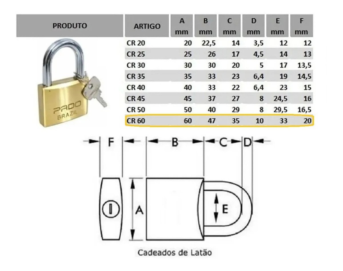 Cadeado Pado Latão Lt 60 Mm 2 Chaves Maciço Não Enferruja - 2