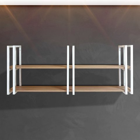 Prateleira Industrial Moderna e Elegante Prática com Ferro e Madeira Haste Branca e Mdf Amadeirado