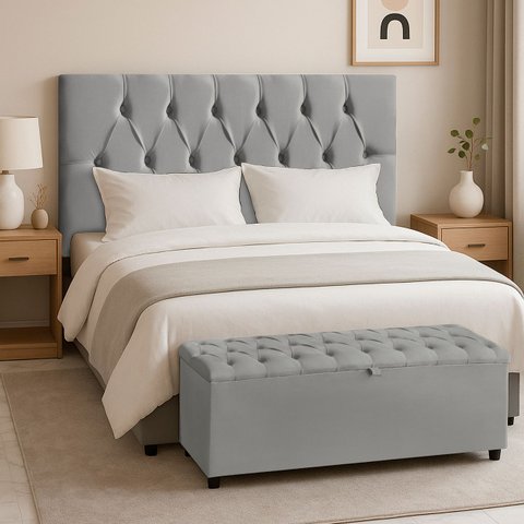 Cabeceira Casal Paris Estofada Painel com Recamier Baú 130cm para Cama Box Cinza - Arkell
